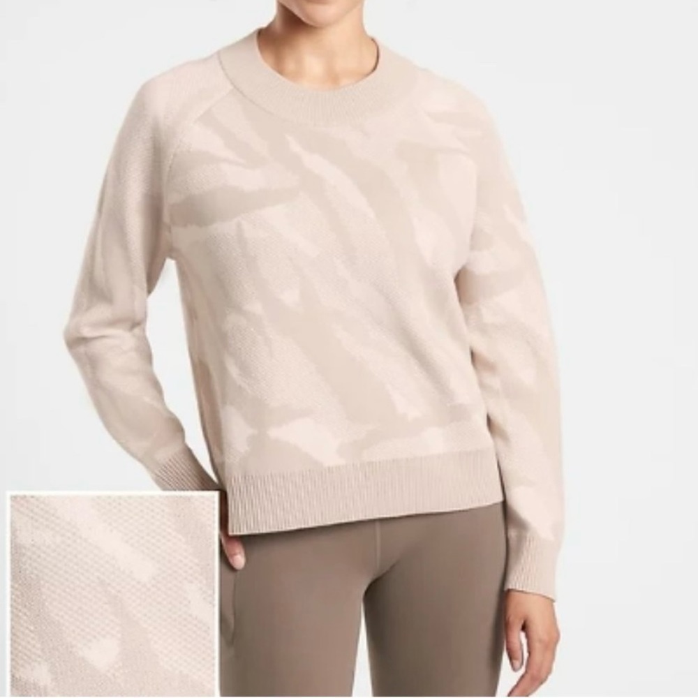 Athleta Jacquard Merino Wool Blend Pullover Sweater Crew Neck Thermolite Cream